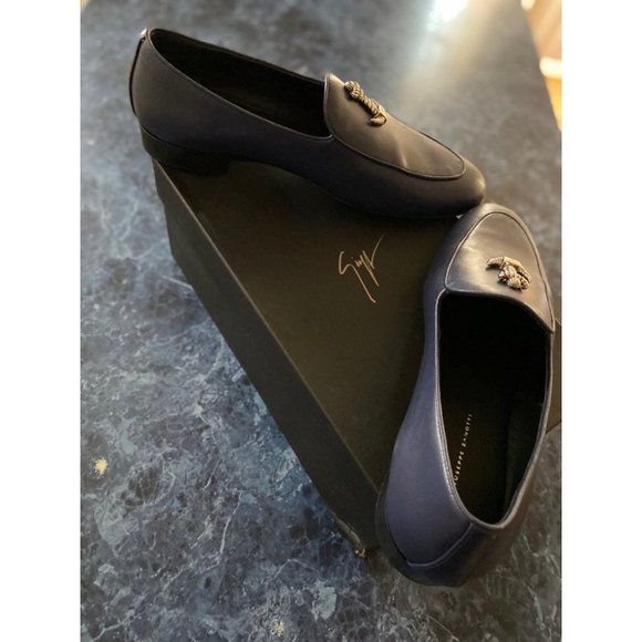 Giuseppe Zanotti Navy Loafers with Gold Anchor Detail - Picture 6 of 10